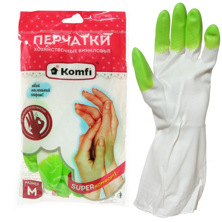 Перчатки хозяйственные виниловые "Komfi", М, цвет -  ассорти — Абсолют