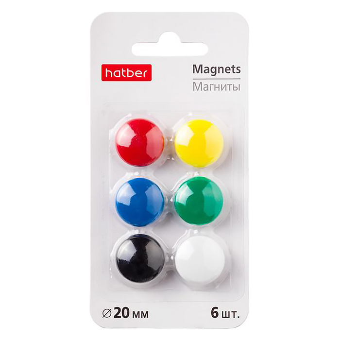 Магниты Hatber, 6шт., диаметр 20мм., цветные — Абсолют
