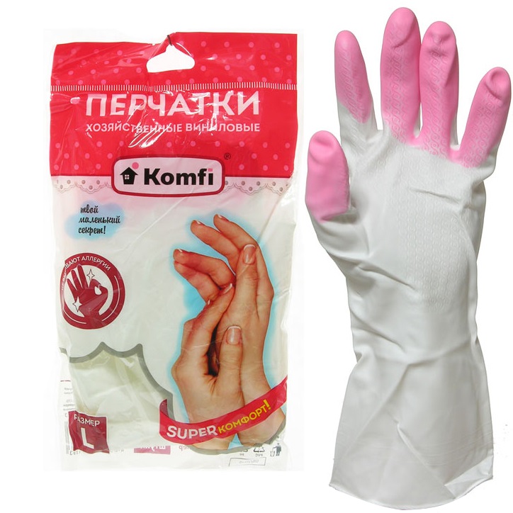 Перчатки хозяйственные виниловые "Komfi", L, цвет -  ассорти — Абсолют
