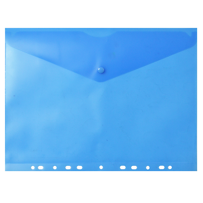 Конверт на кнопке А4, пластик 0,18мм, прозрачный синий, с перфорацией — Абсолют