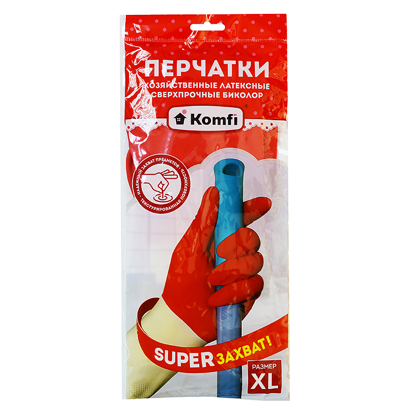Перчатки латексные "Биколор Komfi" XL, сверхпрочные, белый+красный — Абсолют